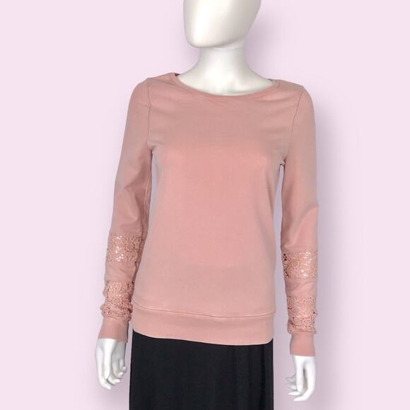 Lucky Lotus Pink Lace Tee Detail Long Sleeved Thick 100% Cotton Top - Picture 1 of 5